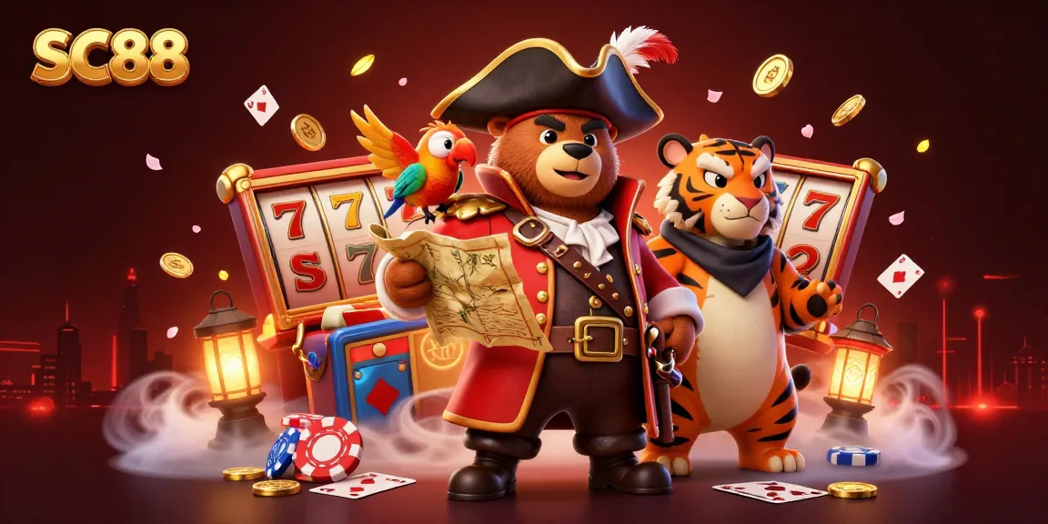 Engage in thrilling gaming action with SC88's pirate captain bear, as he navigates a vibrant casino landscape filled with slots and treasures.