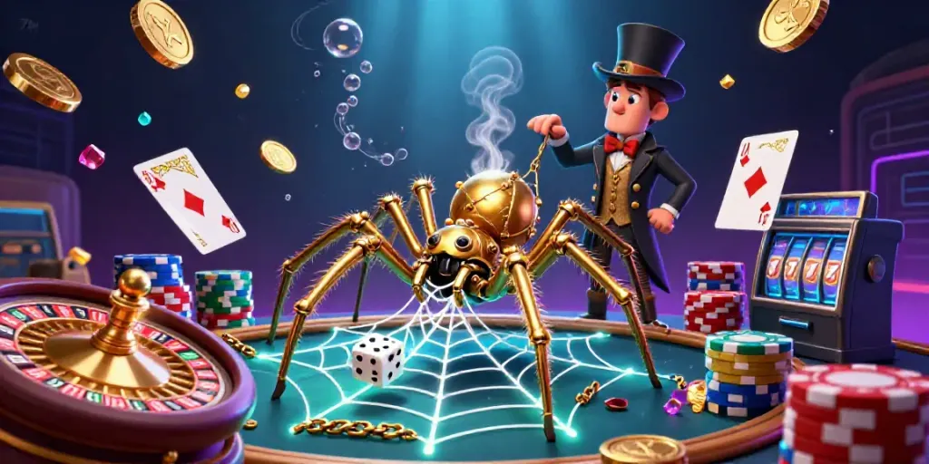 Experience 7M casino thrills with a vibrant 3D scene showcasing a steampunk spider and fly, capturing golden casino elements and excitement.