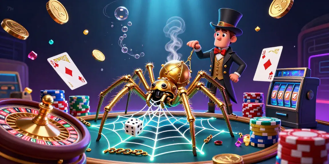 Experience 7M casino thrills with a vibrant 3D scene showcasing a steampunk spider and fly, capturing golden casino elements and excitement.
