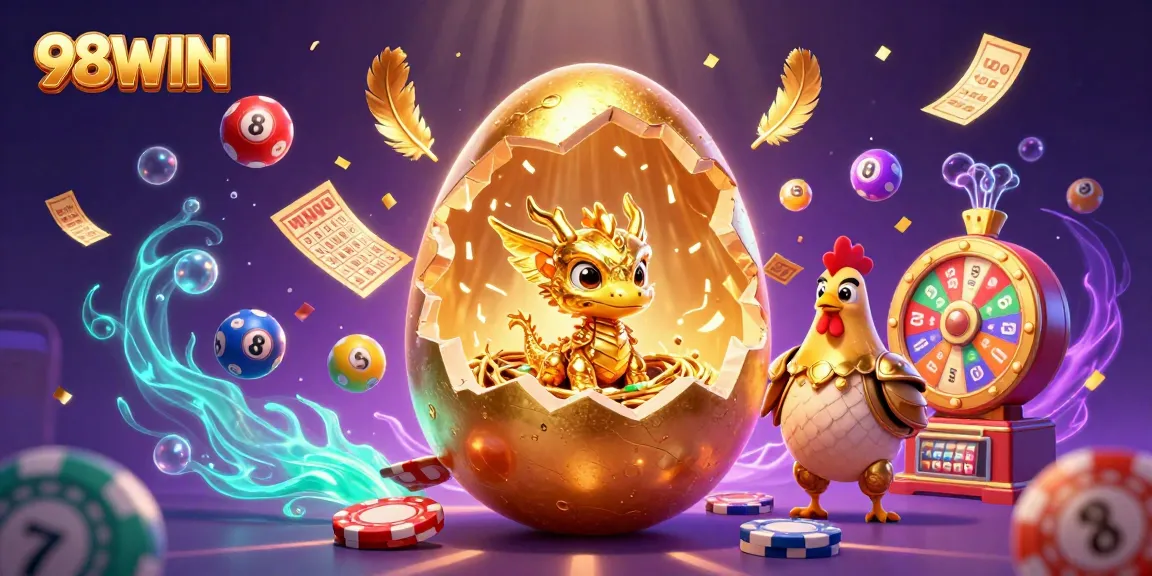 Engage in exciting games at 98WIN, showcasing a golden dragon amidst vibrant lottery elements.