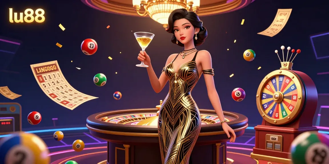 Experience exciting gaming moments with lu88, featuring elegant casino scenes and vibrant lottery balls.