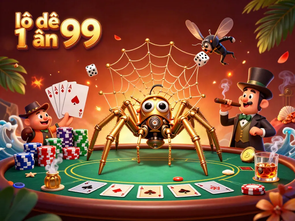 Engaging 3D scene of lô đề 1 ăn 99 showcasing a steampunk spider, poker elements, and Victorian fly, perfect for gamblers.