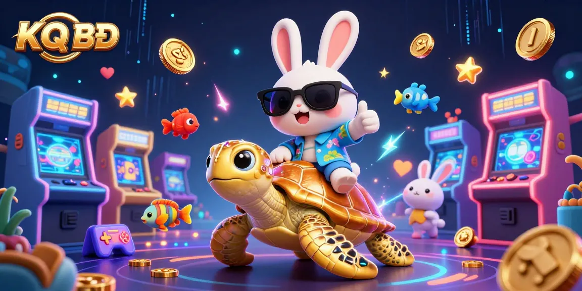 KQ BĐ showcases an exciting 3D gaming scene with a lucky rabbit and golden turtle amidst vibrant casino elements.