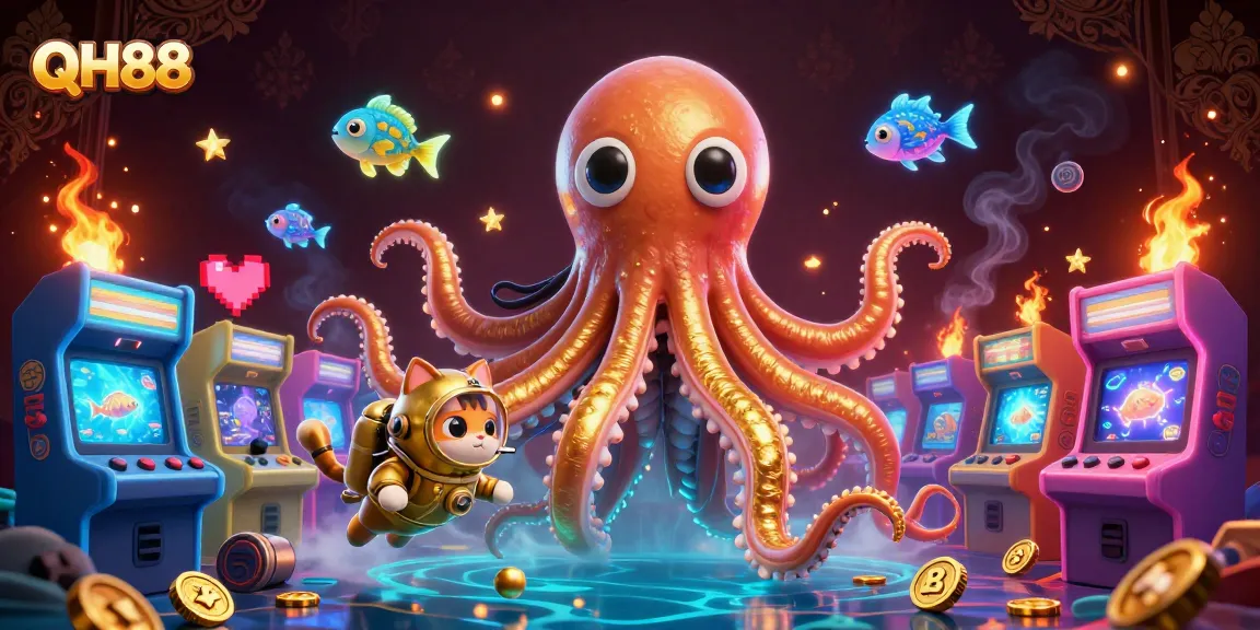 Engage in thrilling fish shooting at QH88, featuring a kraken and vintage diving cat in vibrant gameplay!