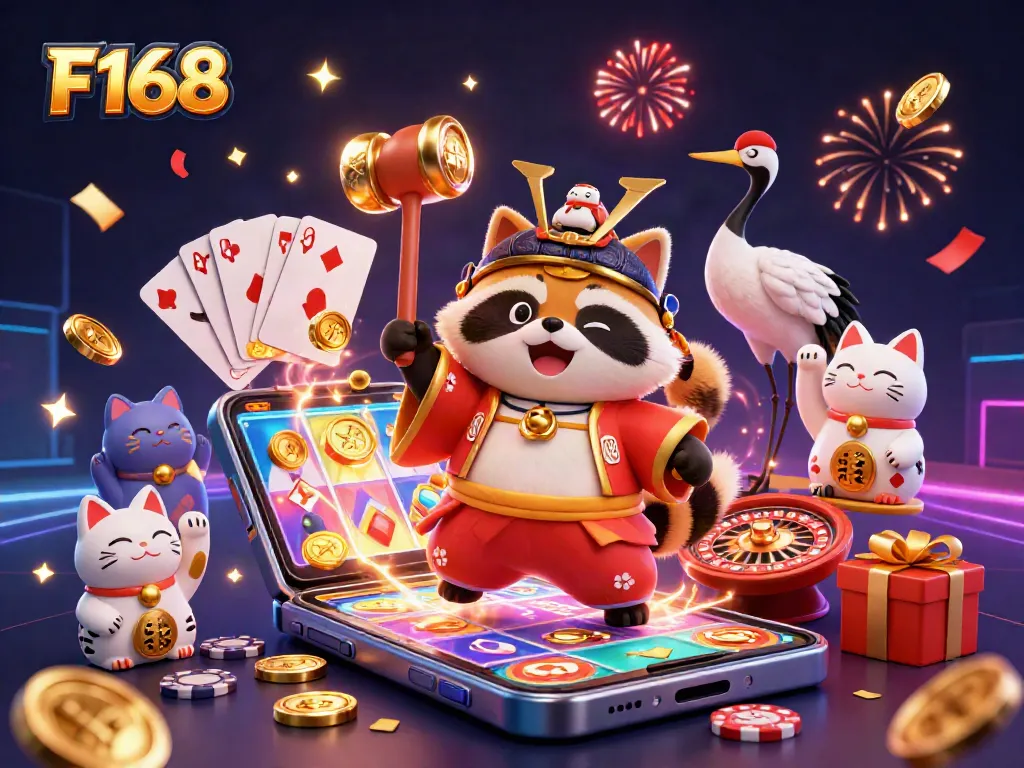 Join the fun with F168's vibrant casino scene featuring a cheerful tanuki and festive elements.