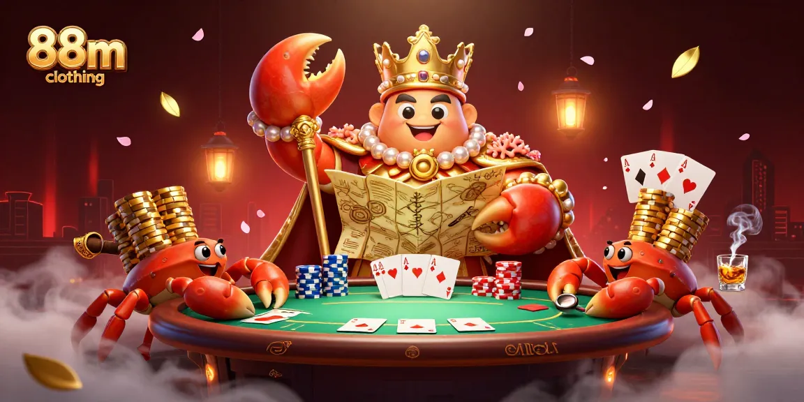 Engage with the vibrant energy of 88m clothing through a rich poker scene featuring a grand golden crab emperor and hermit crab servants.