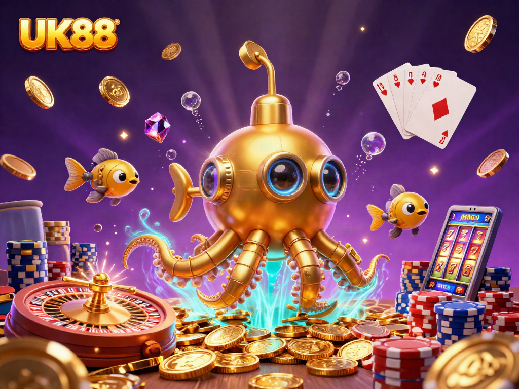 Bet big with UK88 at this vibrant digital casino scene featuring golden kraken and mechanical fish.