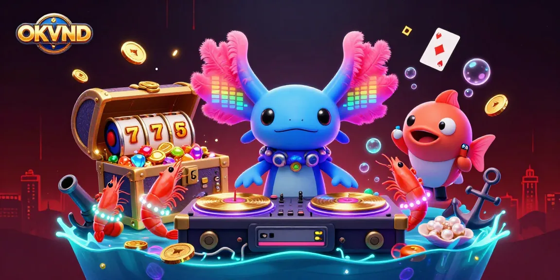 Join the vibrant OKVND scene with neon axolotl DJ spinning slots and glowing treasures