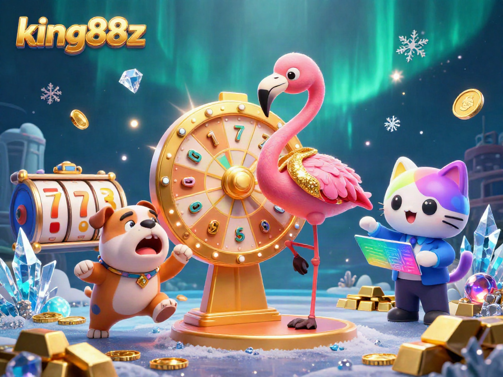 Spin the king88z prize wheel with excitement in this vibrant casino scene.