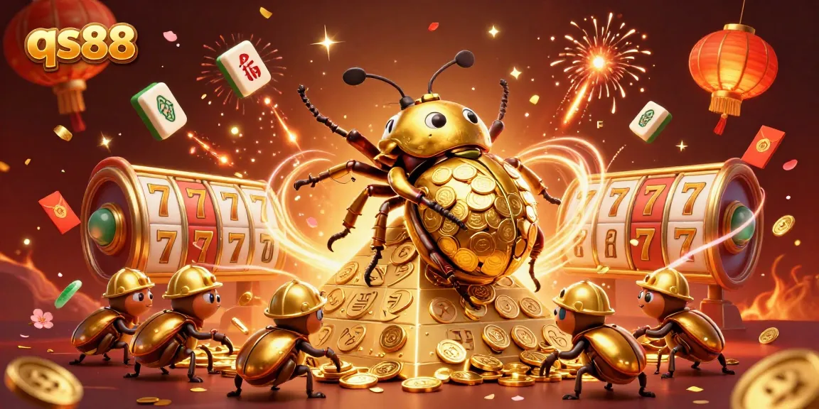 Experience excitement with qs88's vibrant casino adventure featuring golden beetles and festive game elements.