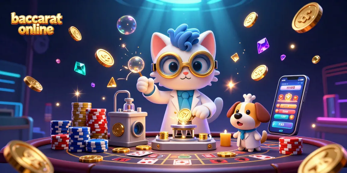 Baccarat online game comes alive as a mad scientist cat and assistant dog celebrate with cascading coins and vibrant casino elements.