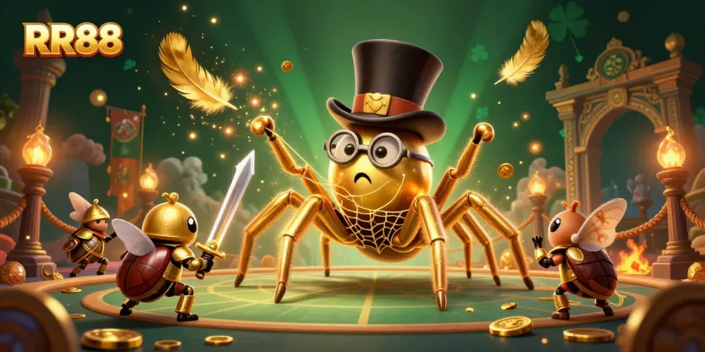Experience the magic of RR88 with a stunning casino-themed digital illustration featuring a golden tarantula and beetle knight.