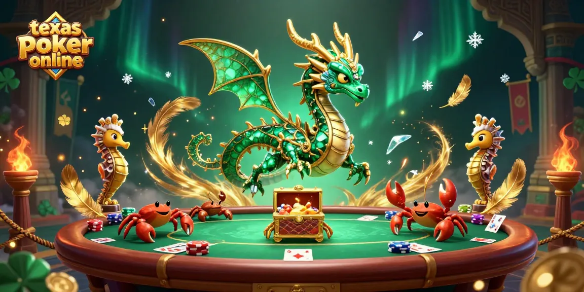 Experience thrilling texas poker online gameplay with a dynamic 3D illustration of emerald dragon and poker table.