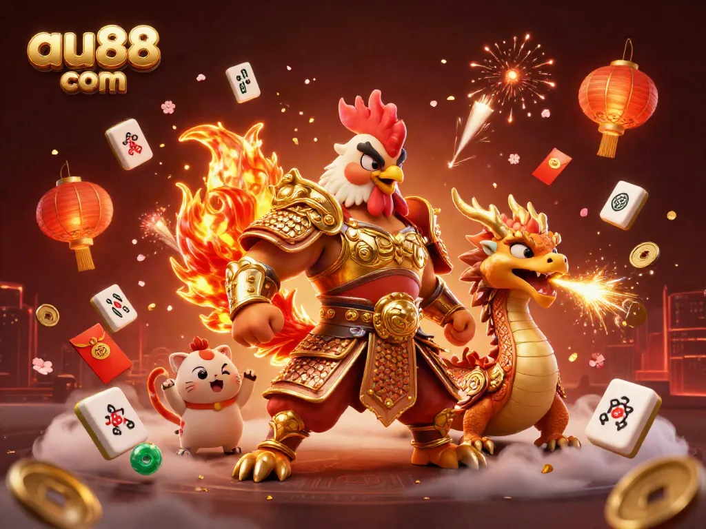 Experience thrilling gameplay at au88 com with a fierce rooster warrior and dragon in a vibrant casino scene.