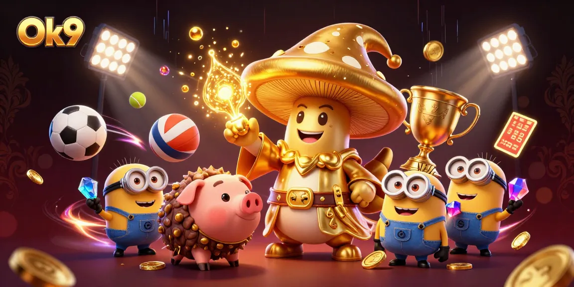 Engage in thrilling gameplay with Ok9, featuring a magical wizard and treasure-hunting pig in a vibrant casino scene.