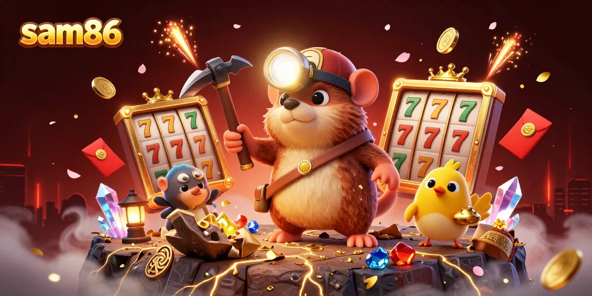 Experience thrilling gameplay at sam86 with vibrant slot machines and treasure-hunting mole.