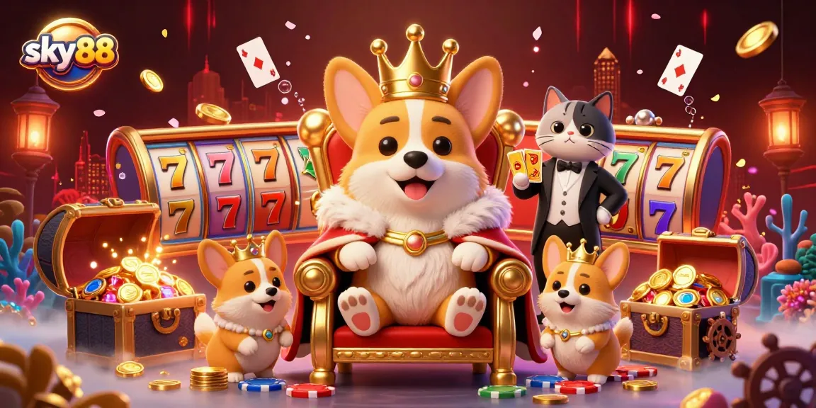 Experience the thrilling world of sky88 with vibrant, animated casino elements and royal corgi characters.