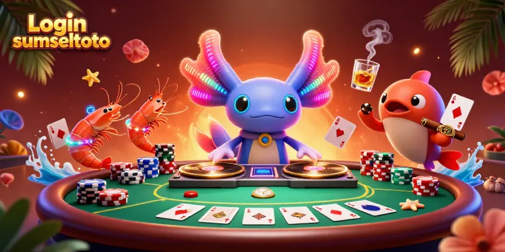 Join the fun with Login sumseltoto at a vibrant underwater casino featuring lively sea creatures and poker action.