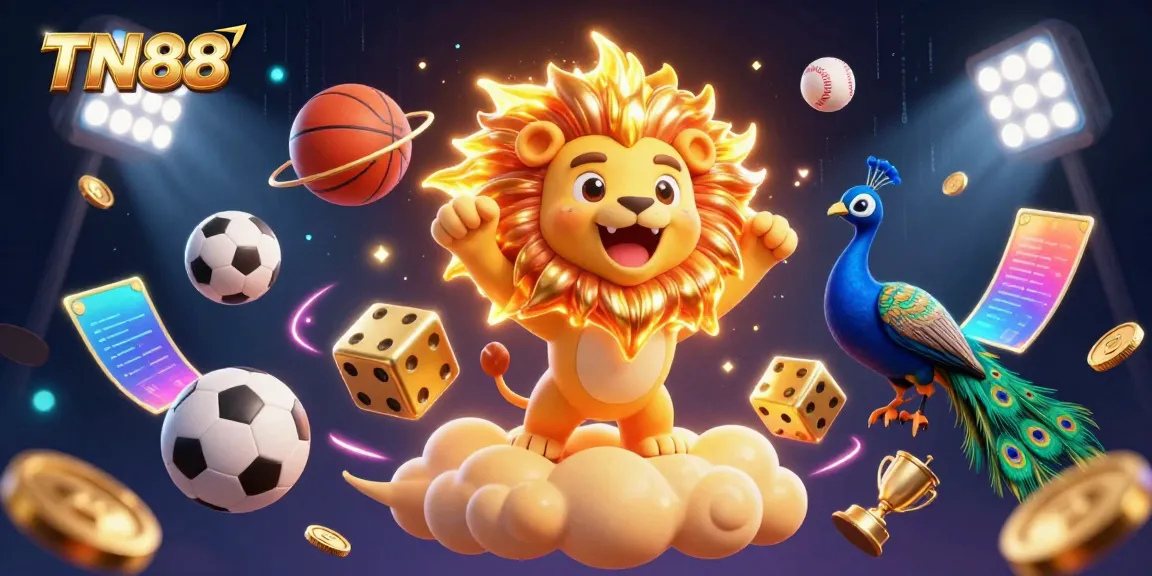 Experience the excitement of TN88 with a captivating 3D casino illustration depicting a sun lion among dynamic sports elements.