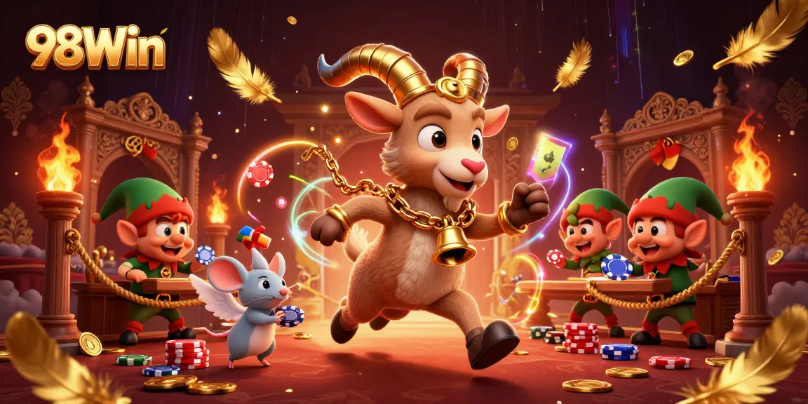 Experience thrilling gameplay at 98Win with festive characters in a vibrant casino scene