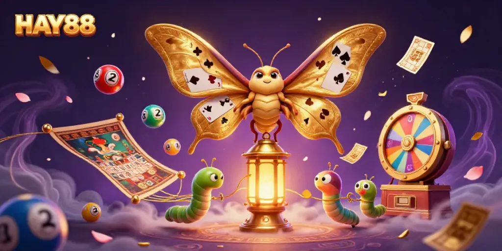 Experience exciting gameplay with HAY88 featuring a majestic moth and casino elements in rich 3D detail.