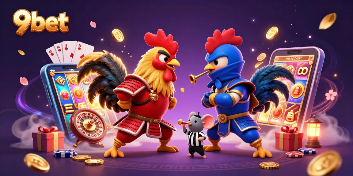 Experience thrilling action at 9bet with epic cartoon roosters amidst vibrant gaming elements