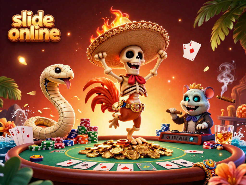 Experience the thrill of slide online with vibrant characters celebrating casino wins amidst a colorful poker scene.