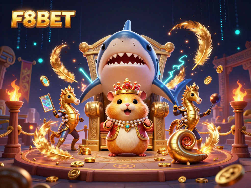 Experience the thrill of F8BET with 3D casino characters and elements swirling around in a vibrant scene.
