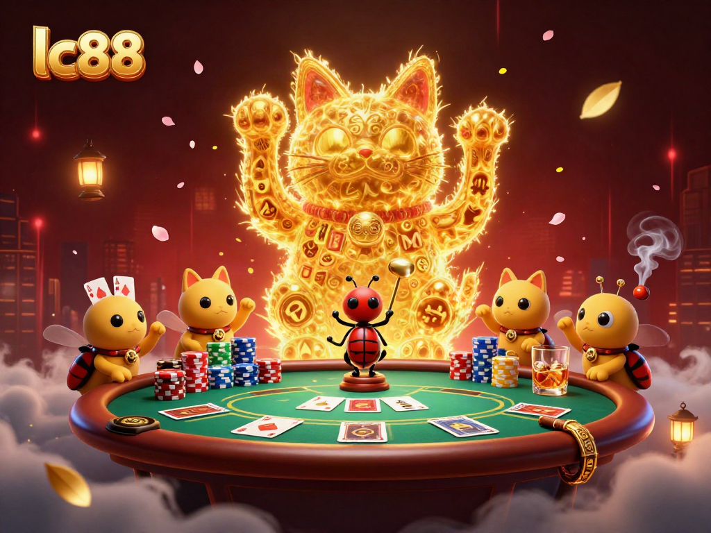 lc88 showcases dynamic animations of a lucky cat with casino symbols while gamblers enjoy poker hands.