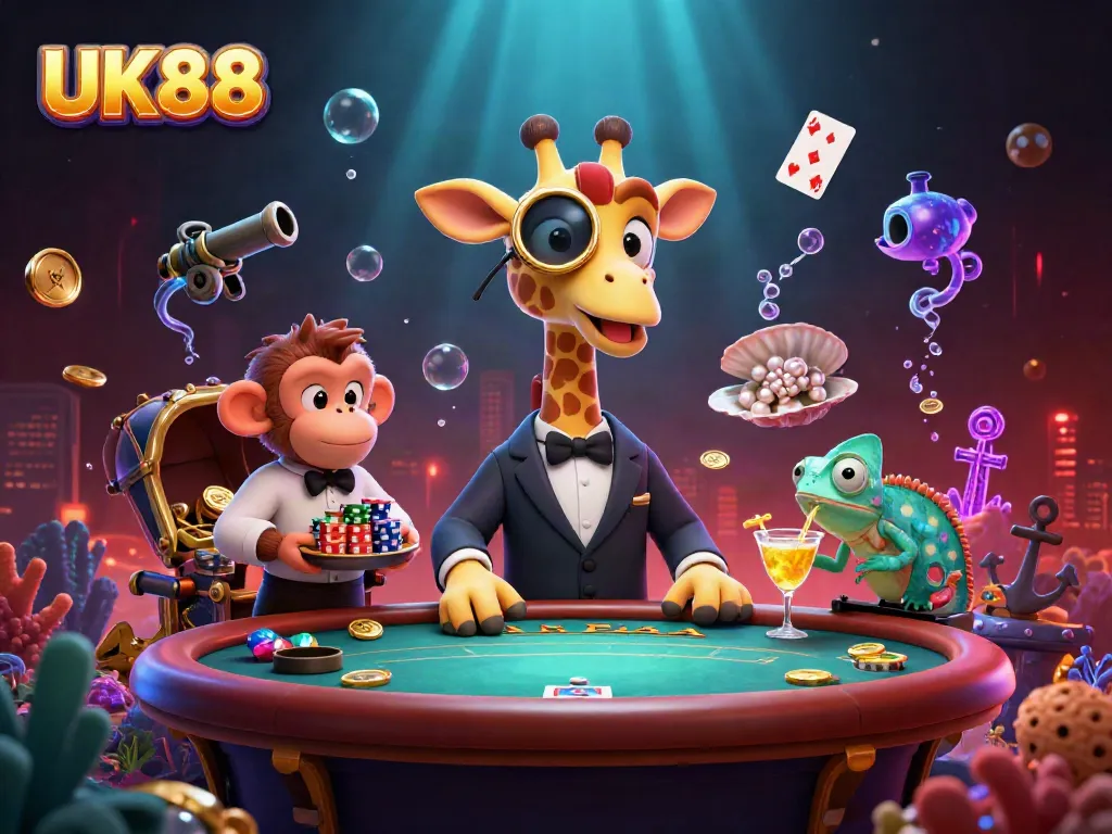 Experience the thrill of UK88 with a high-roller giraffe at a luxurious poker table, showcasing vibrant casino energy.