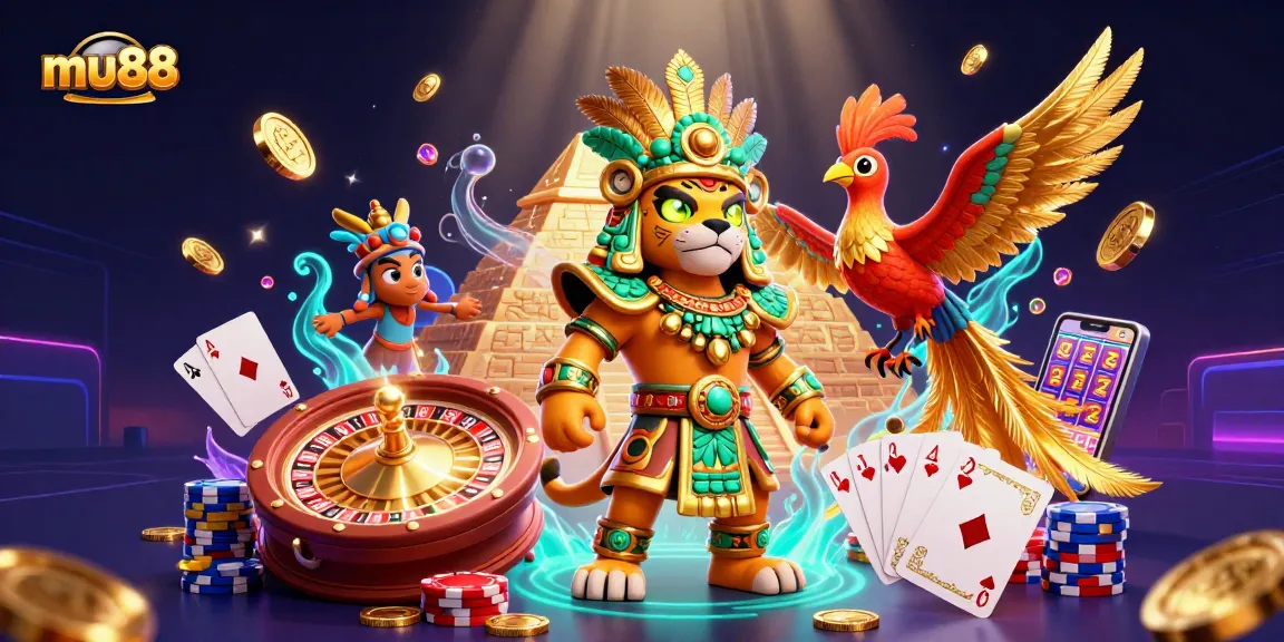 Experience the thrill of mu88 with vibrant 3D casino graphics featuring a Mayan priest and dazzling game elements.