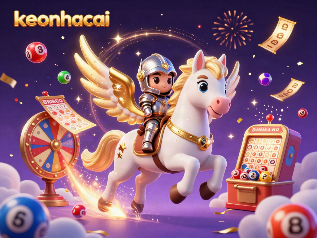 Experience exciting lottery action with keonhacai in this vibrant, colorful 3D illustration full of dynamic game elements.