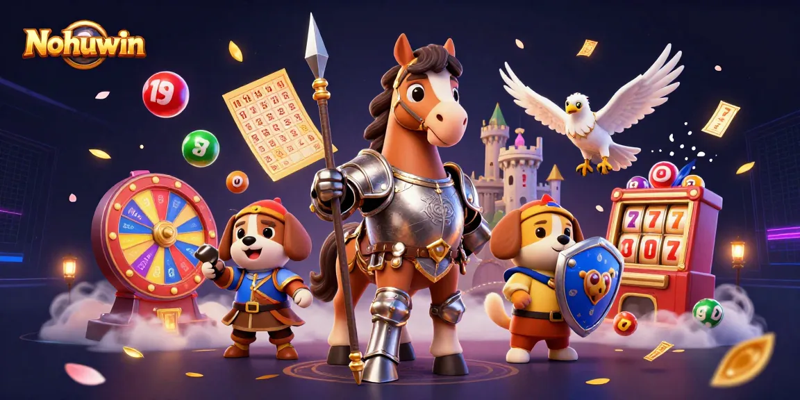 Nohuwin showcases exciting lottery games with knights, vibrant balls, and golden rewards.