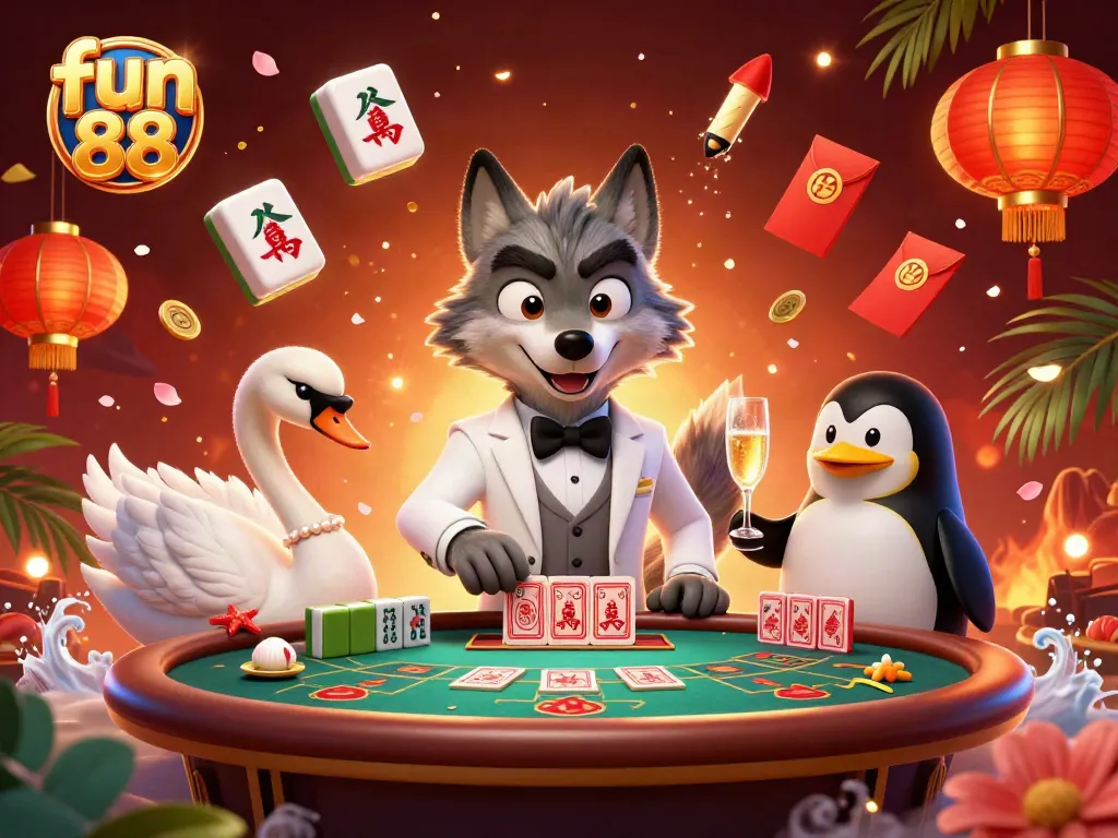 Experience fun 88 at a vibrant and dynamic casino scene with engaging characters and festive elements.