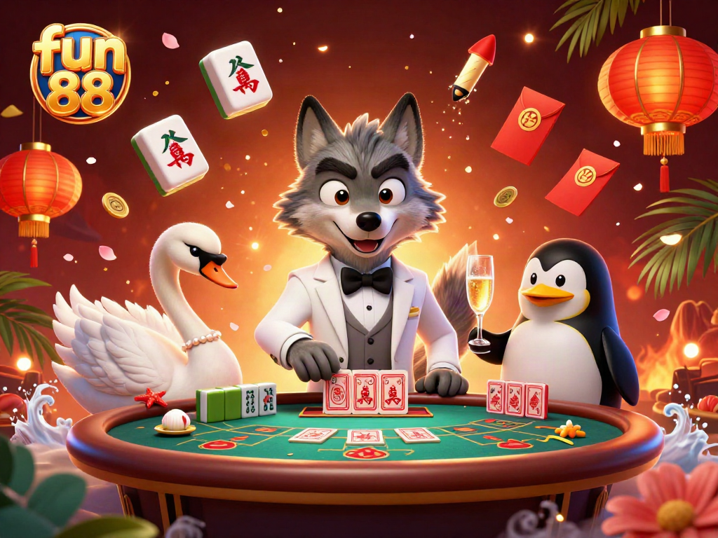 Experience fun 88 at a vibrant and dynamic casino scene with engaging characters and festive elements.