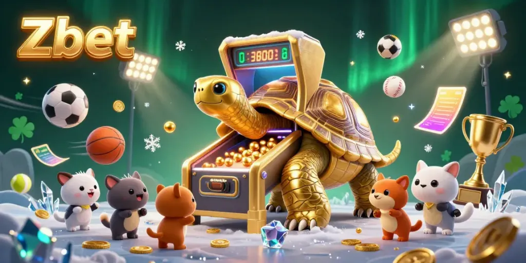 Zbet showcases a golden tortoise pinball machine surrounded by excited players and dynamic sports elements.