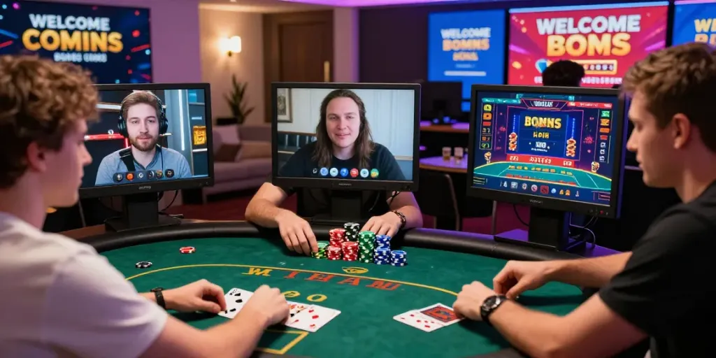 Experience the excitement of usa casinos for uk players at a virtual poker game with friends in a modern setting.