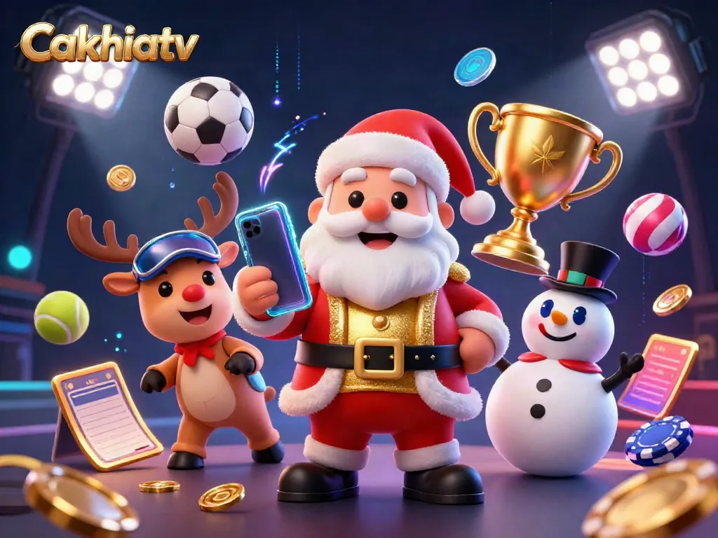 Cakhiatv live betting experience with festive Santa, reindeer dealer, and poker chip snowman celebrating sports.