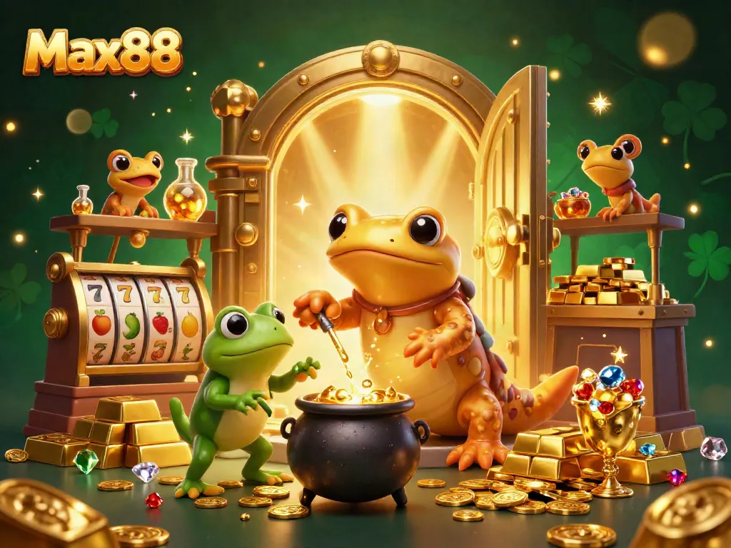 Max88's enchanting 3D casino illustration showcases gold transmutation with vibrant gaming elements.