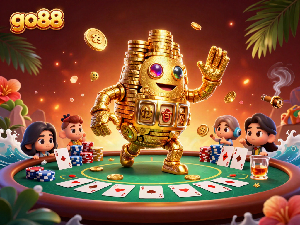 Win big with go88 at the vibrant poker table, featuring a golden golem and lavish casino elements.