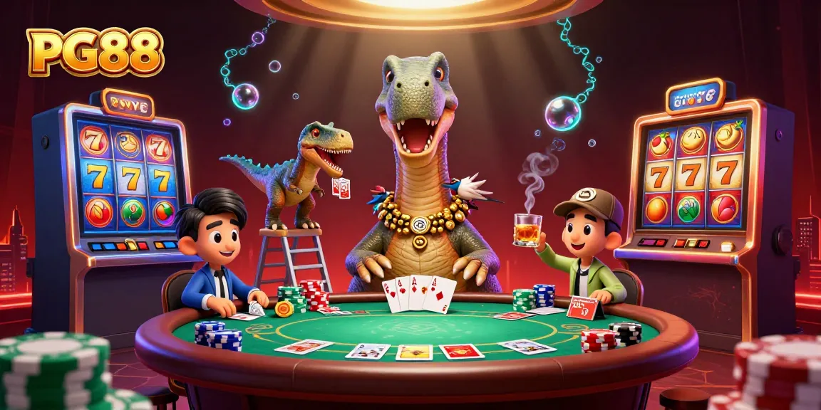 Experience PG88 excitement with a 3D casino scene featuring a dinosaur and poker elements.