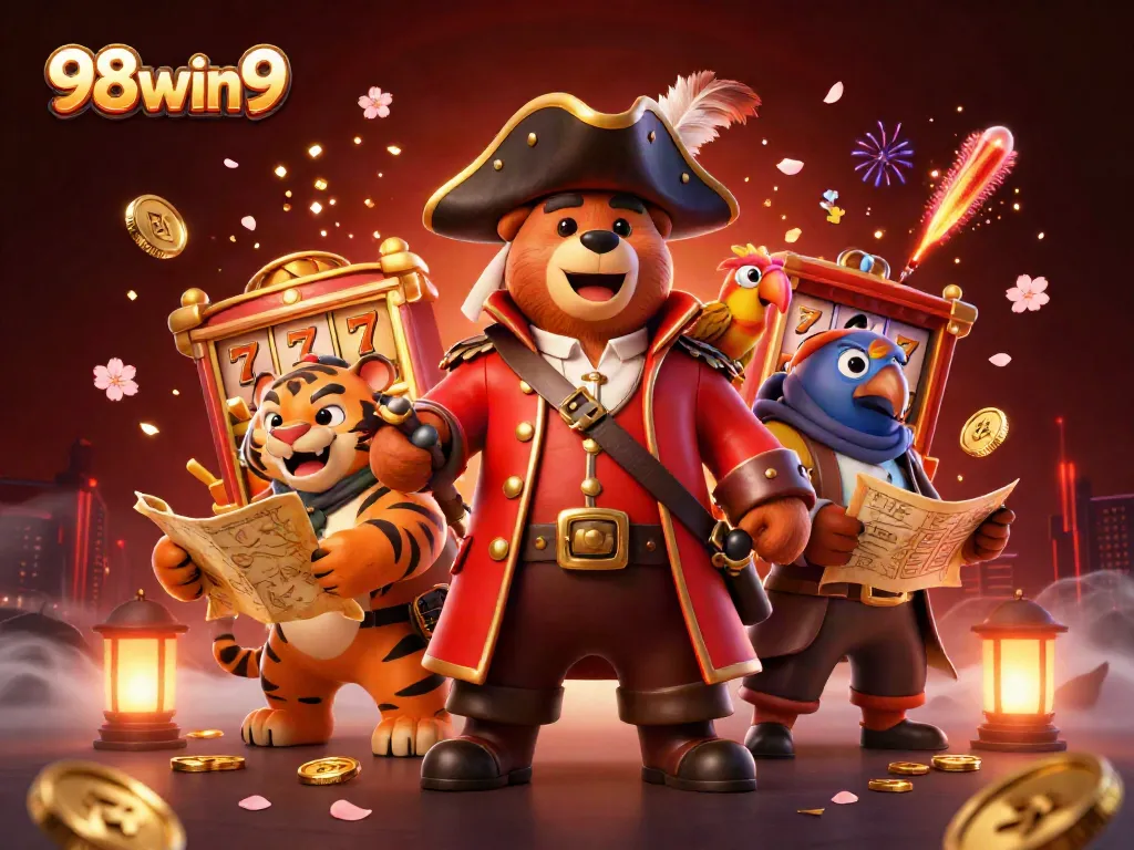 Engage in thrilling slot action with 98win9's vibrant casino illustration featuring a pirate bear, tiger, and lucky elements.