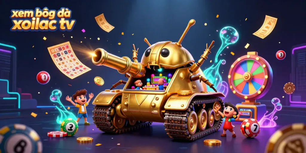 Xem bóng đá xoilac tv visualizing a vibrant casino scene inside a golden beetle tank, filled with lottery balls and prizes.