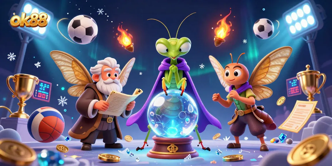 Engage with ok88 through an insightful sports betting scene featuring whimsical characters and dynamic sports elements.
