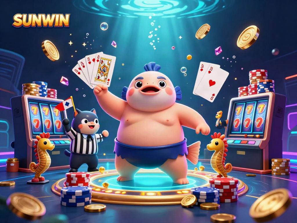 Engage with SUNWIN in a vibrant casino scene featuring a fugu in a sumo belt, spinning roulette, and colorful cards.