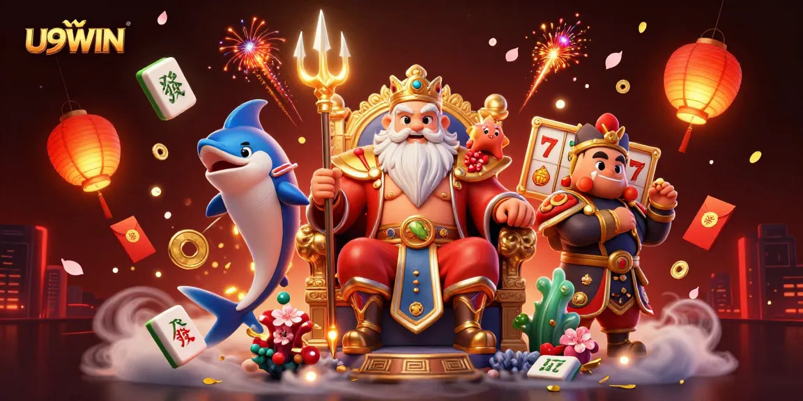 Engage with U9WIN in this vibrant casino scene featuring Neptune in a dynamic 3D illustration.