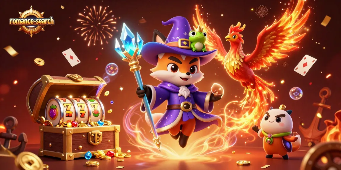 Win big with romance-search in this vibrant 3D illustration of a mystical wizard, phoenix, and slot game elements.