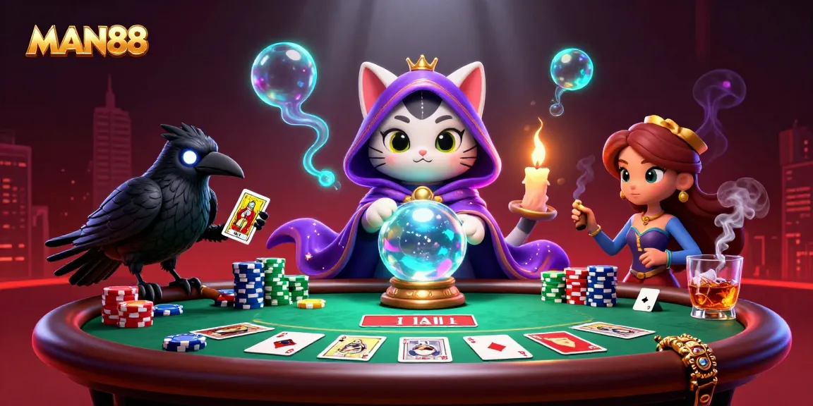 Engage with MAN88 through an enchanting casino scene featuring a mystical cat and poker elements.
