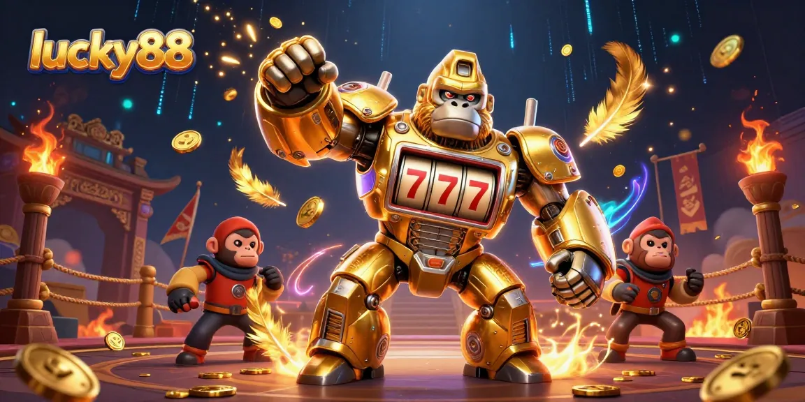 Engage in thrilling gaming with lucky88's dynamic golden gorilla mech and vibrant casino atmosphere.