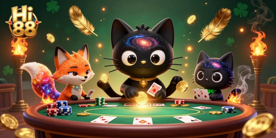 Engage with Hi 88 in an exciting casino setting, featuring a cosmic blackjack table and vibrant characters.